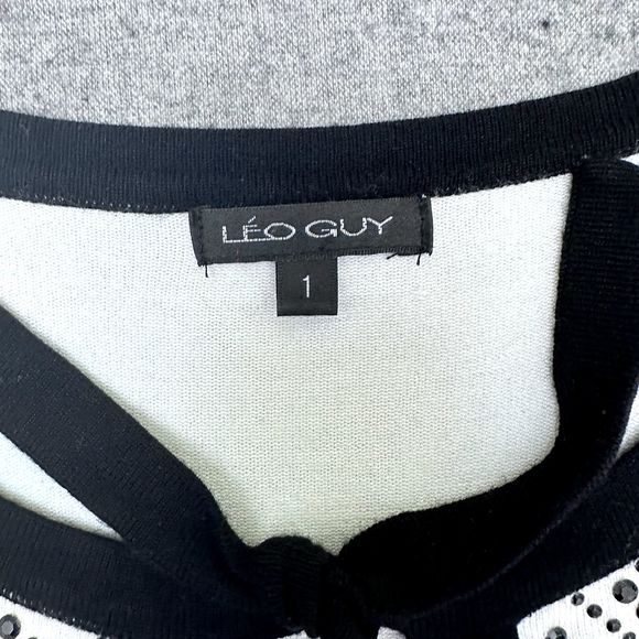 Leo Guy Womens Top SZ S Knit White Black Embellishments Short Sleeve Sweater - Picture 12 of 14